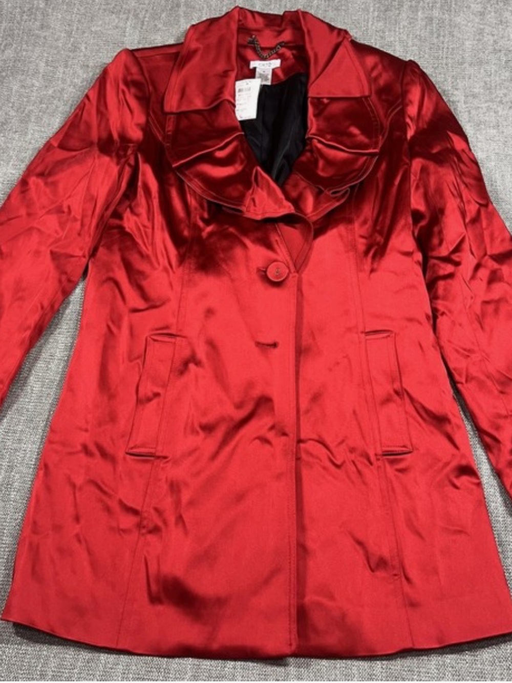 Cache Red Satin Ruffle-Collar Trench Coat